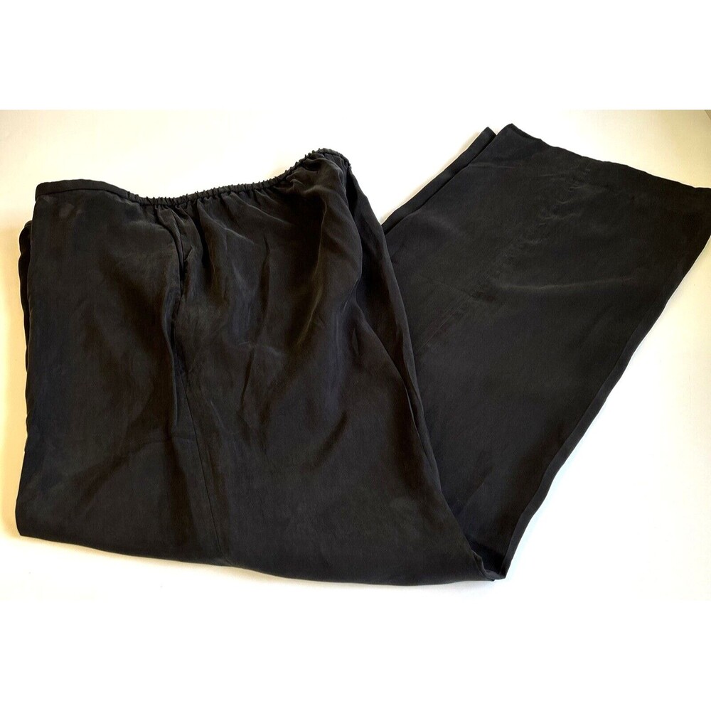 St John Evening Silk Pants S XL Pull On Black Elastic Waist Wide Leg Pocket